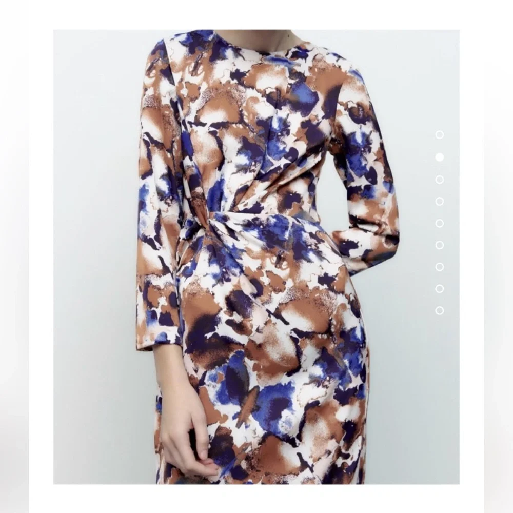 NEW Zara Print Long Sleeve Midi Dress With Knot - Picture 2 of 6